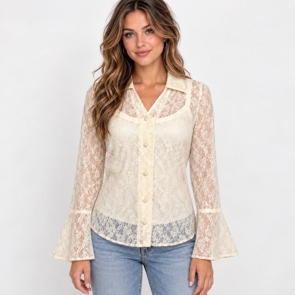Fashion Bug Lace Blouse Large Cream Pearl Button Bell Sleeve Vintage Y2K Neutral